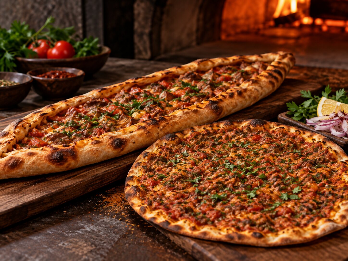 Temsili taş fırın pide ve lahmacun sunumu